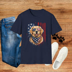 Patriotic Golden Retriever T-Shirt — American Flag Sunglasses & Bandana
