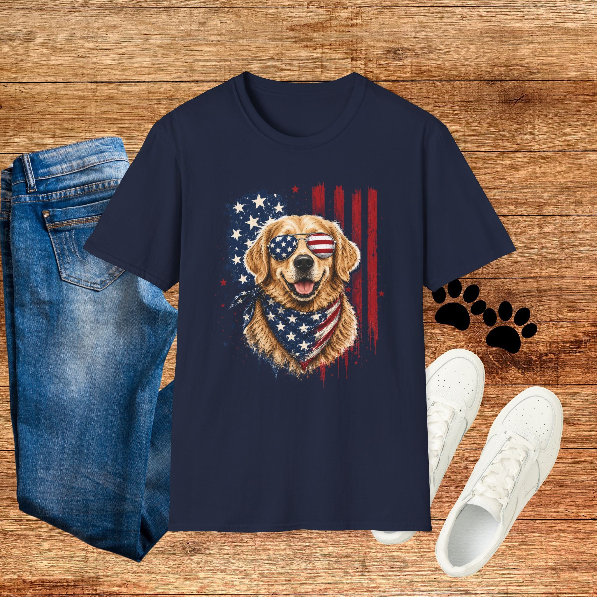 Patriotic Golden Retriever T-Shirt — American Flag Sunglasses & Bandana