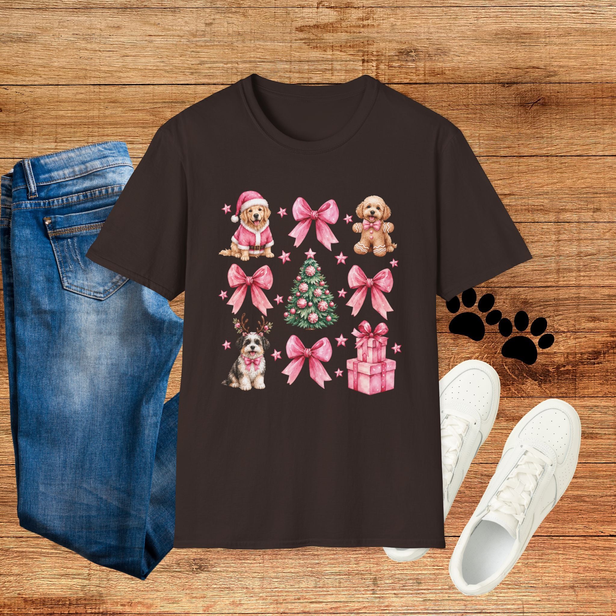 Christmas Puppies Graphic T-Shirt — Pink Bows & Tree Holiday Tee
