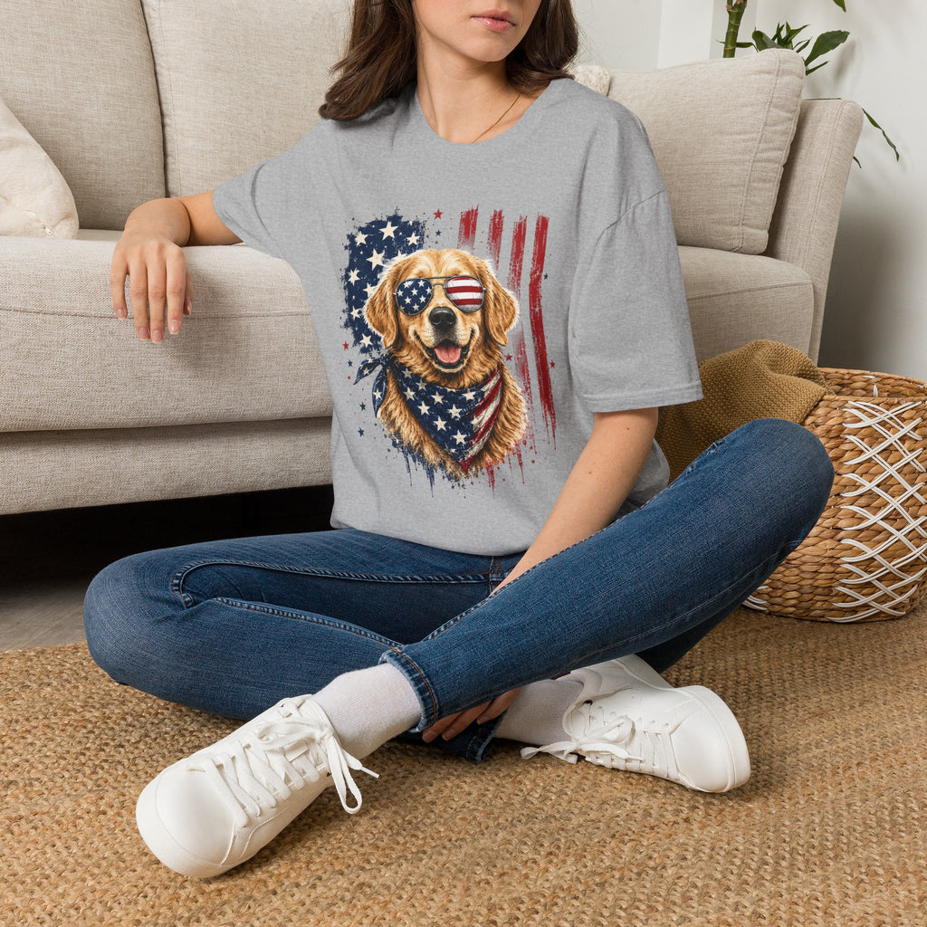 Patriotic Golden Retriever T-Shirt — American Flag Sunglasses & Bandana