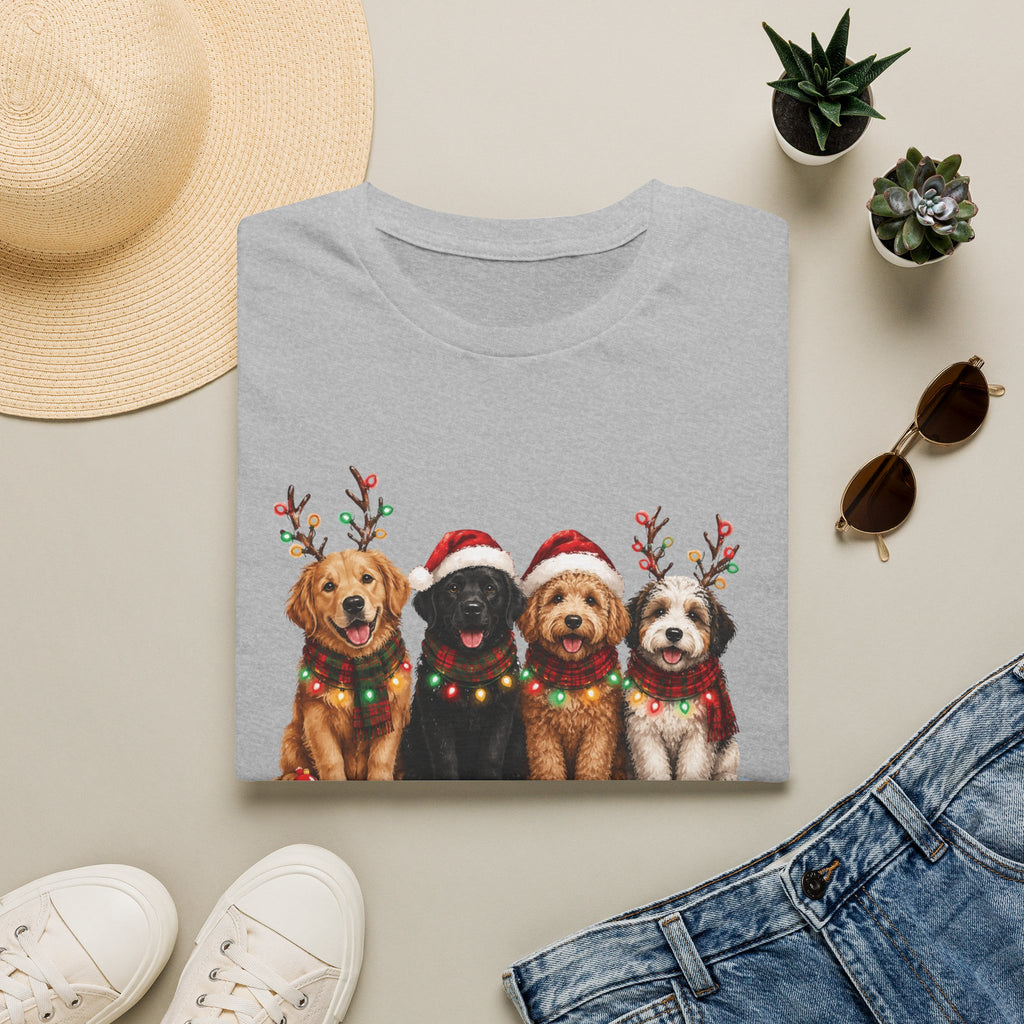 Christmas Dogs T-Shirt — Festive Puppies with Santa Hats & Reindeer Antlers