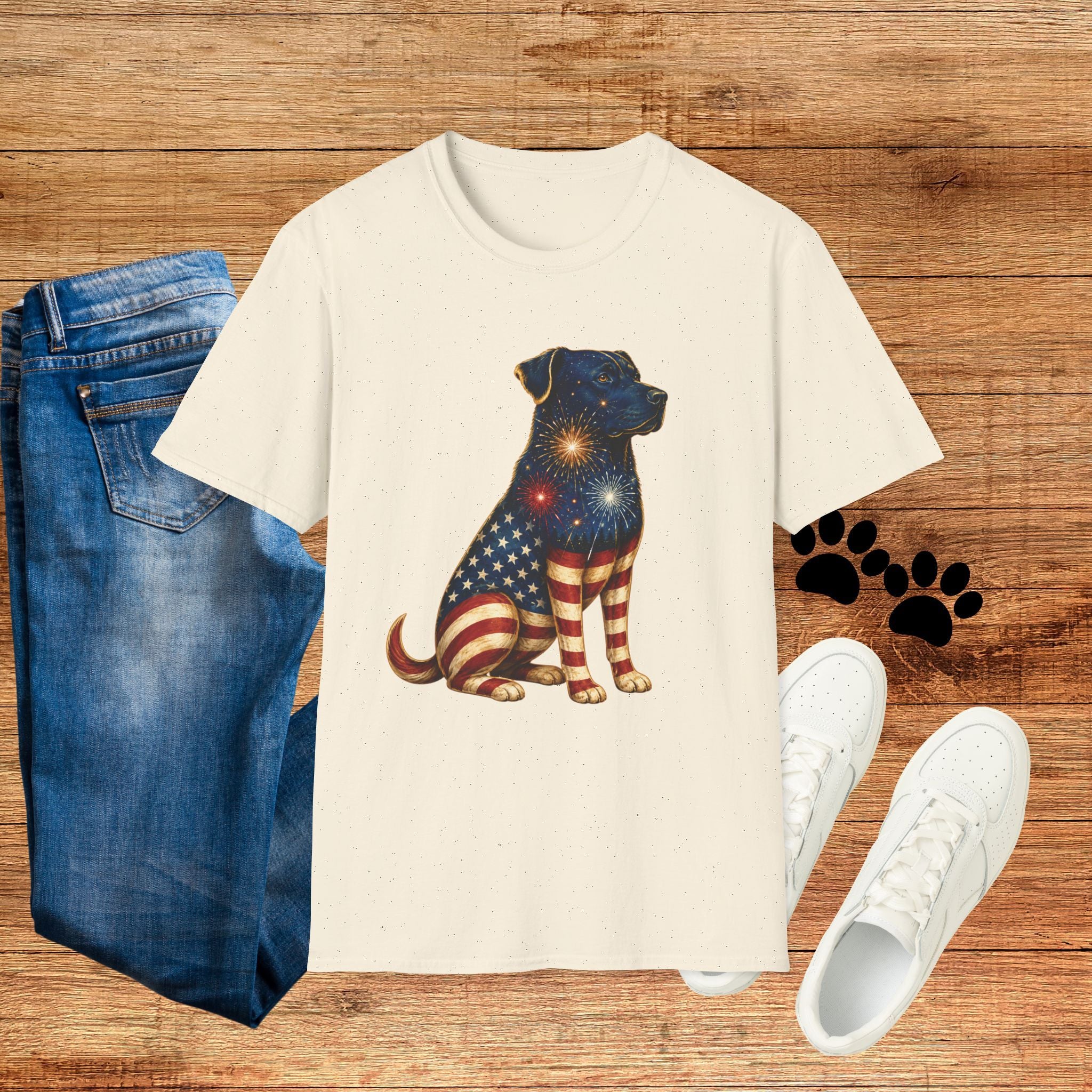 Patriotic Fireworks Dog T-Shirt — American Flag Labrador Graphic Tee