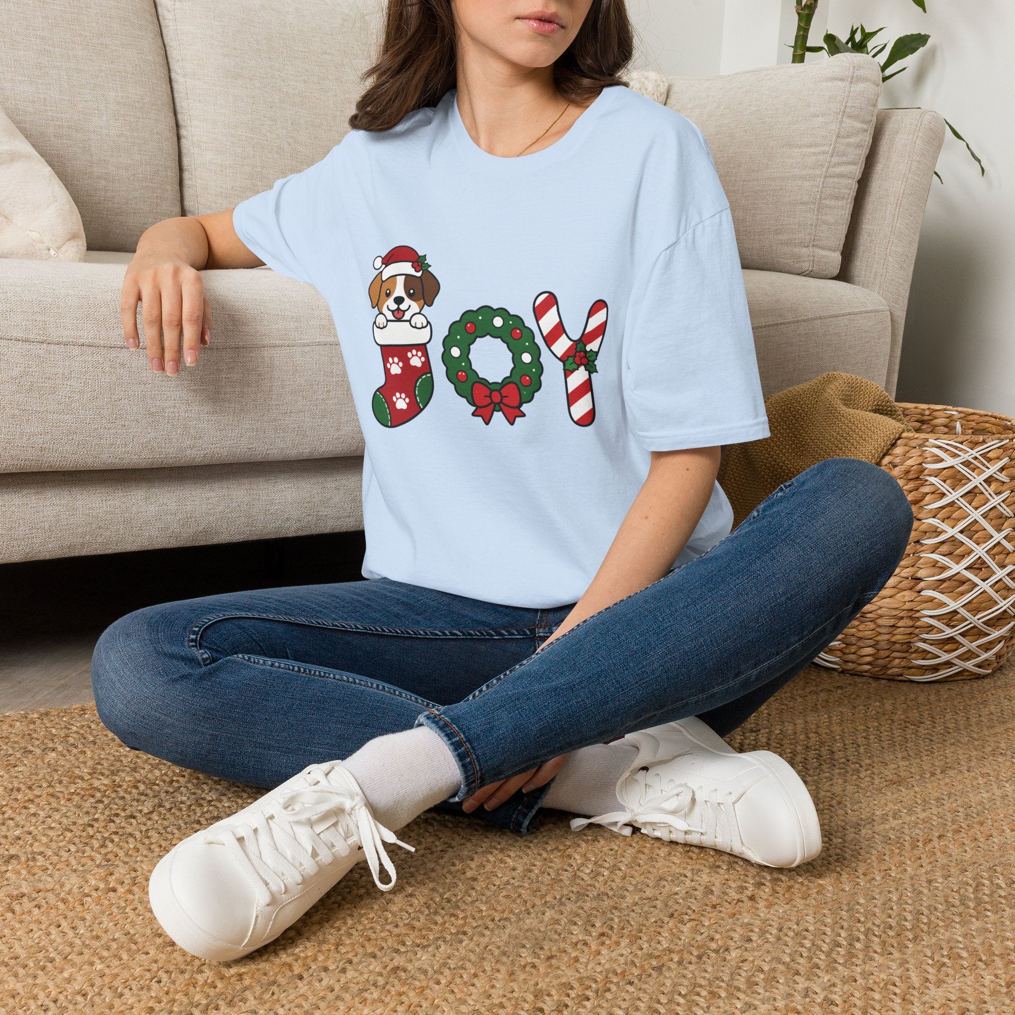 Christmas Joy Dog T-Shirt — Cute Puppy in Stocking & Candy Cane Holiday Tee