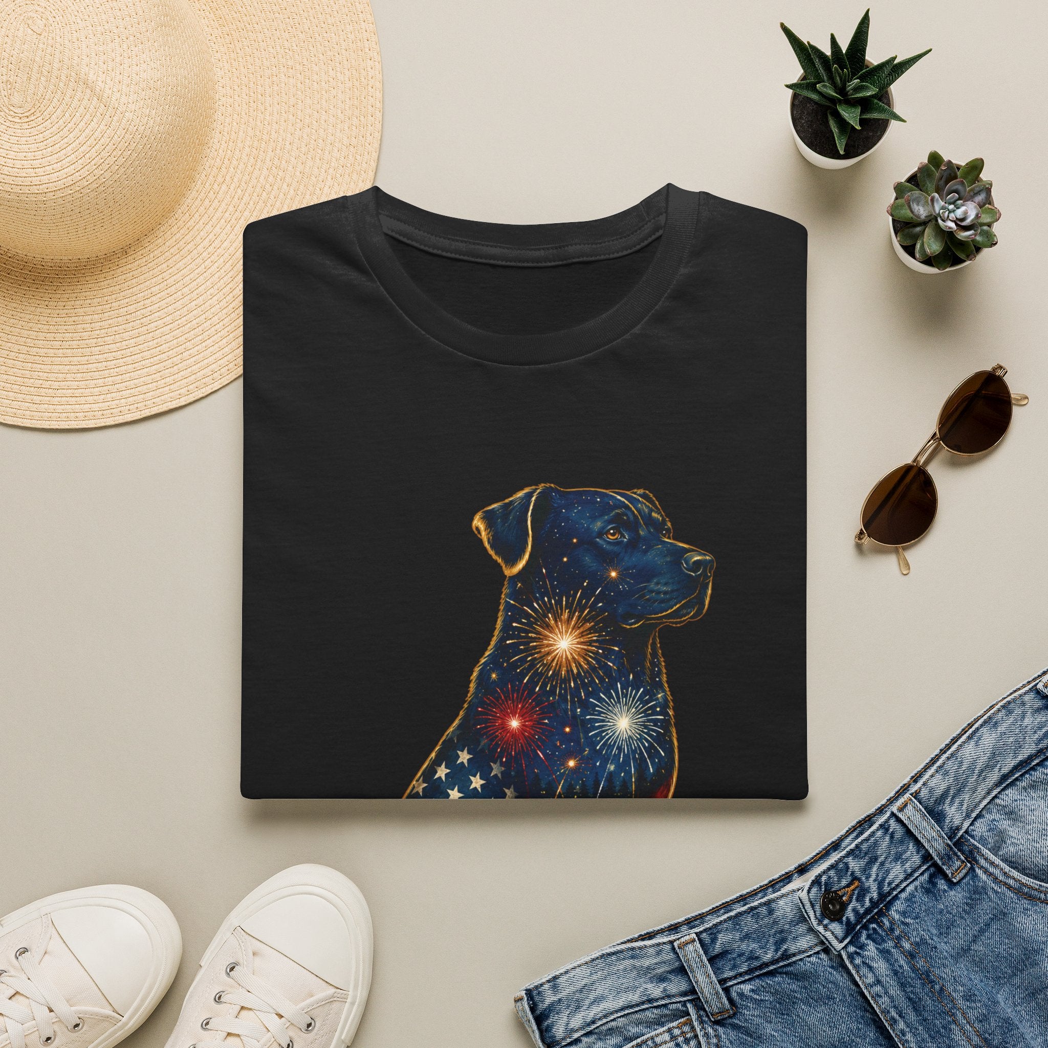 Patriotic Fireworks Dog T-Shirt — American Flag Labrador Graphic Tee