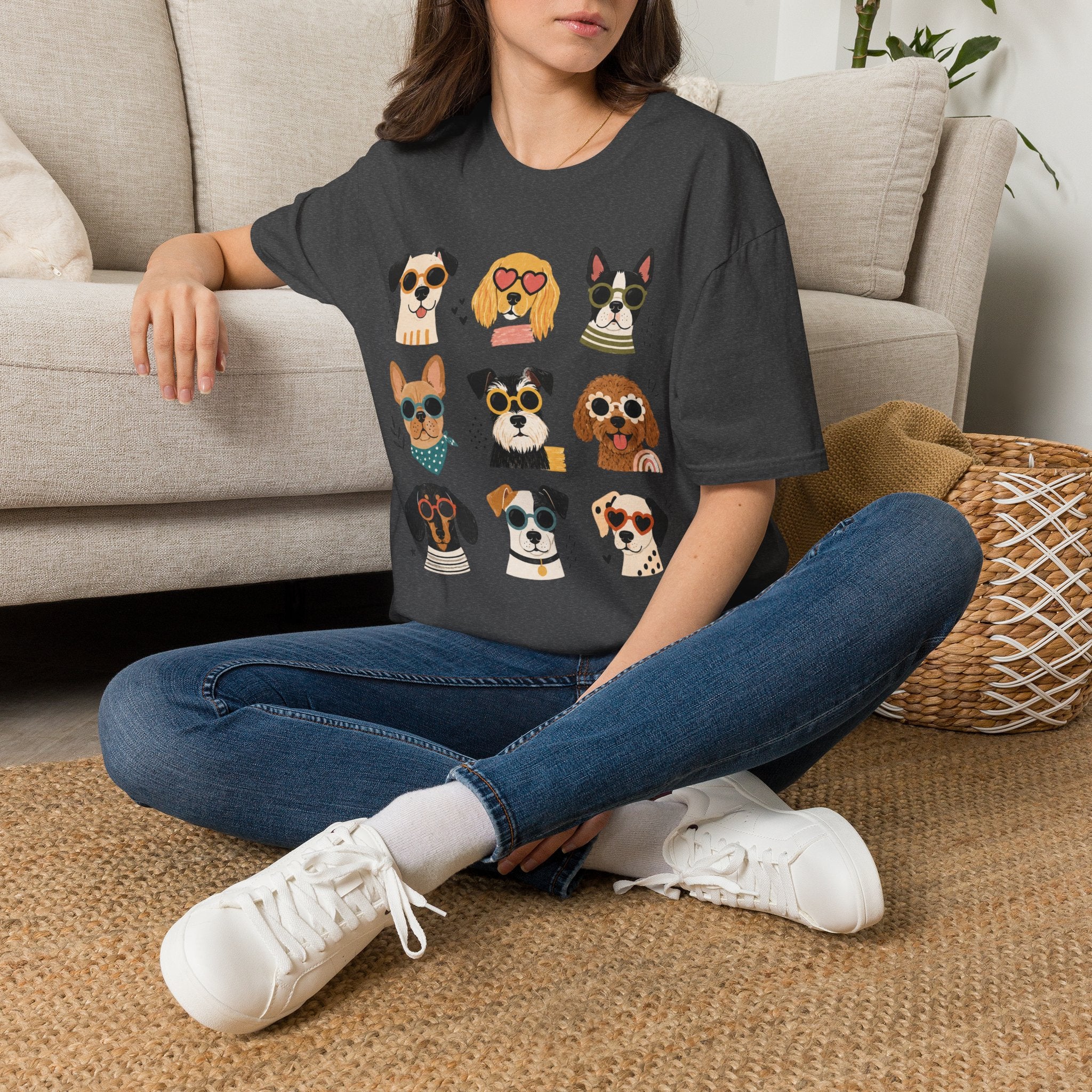 Cute Dog Faces T-Shirt — Grid of Cartoon Puppies Graphic Tee