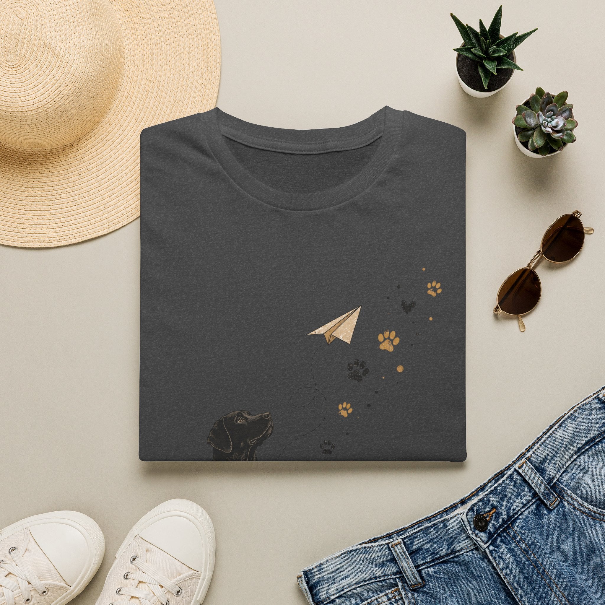 Dog Paw & Paper Airplane T-Shirt — Cute Black Dog Graphic Tee