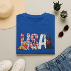 USA Patriotic Dog T-Shirt — Red White Blue Lettering with Labrador & Puppy Design