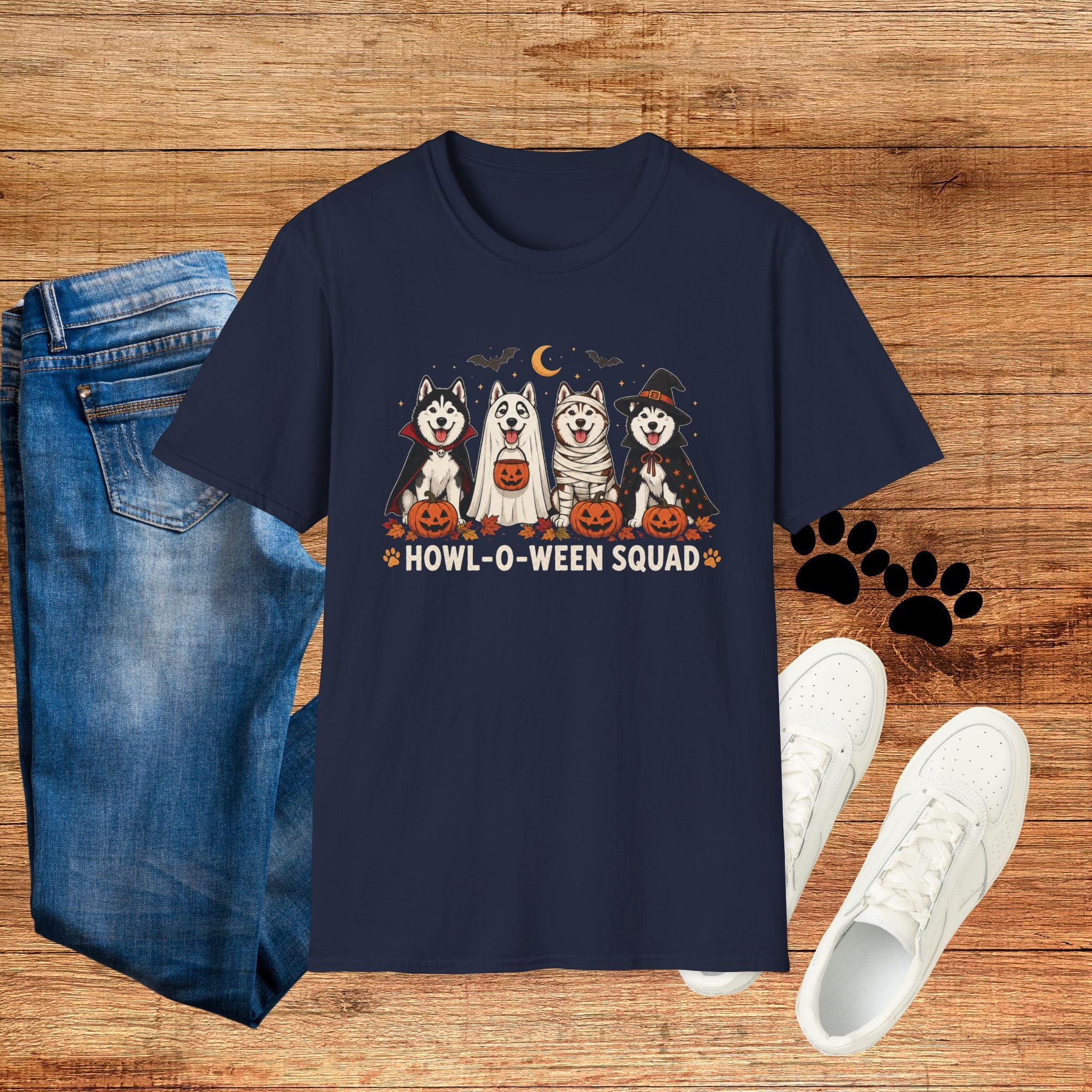 Halloween Huskies T-Shirt — "Howl-O-Ween Squad" Cute Dog Costume Tee