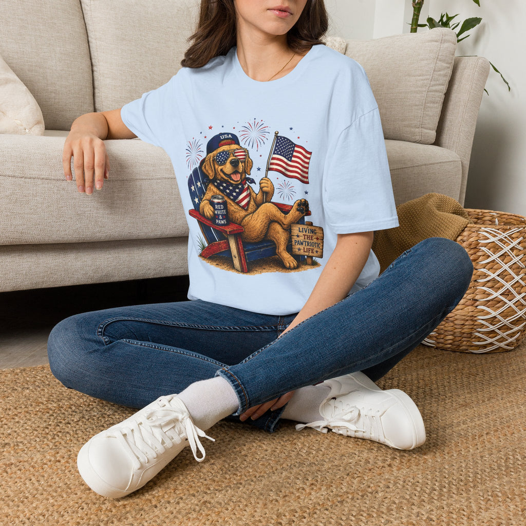 Patriotic Golden Retriever T-Shirt — USA Flag, Sunglasses & Fireworks