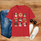 Cute Dog Faces T-Shirt — Grid of Cartoon Puppies Graphic Tee