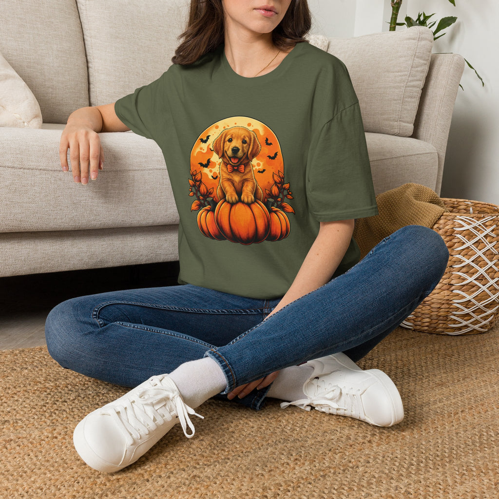 Halloween Pumpkin Puppy T-Shirt — Cute Golden Retriever with Bats & Bowtie