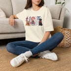USA Patriotic Dog T-Shirt — Red White Blue Lettering with Labrador & Puppy Design