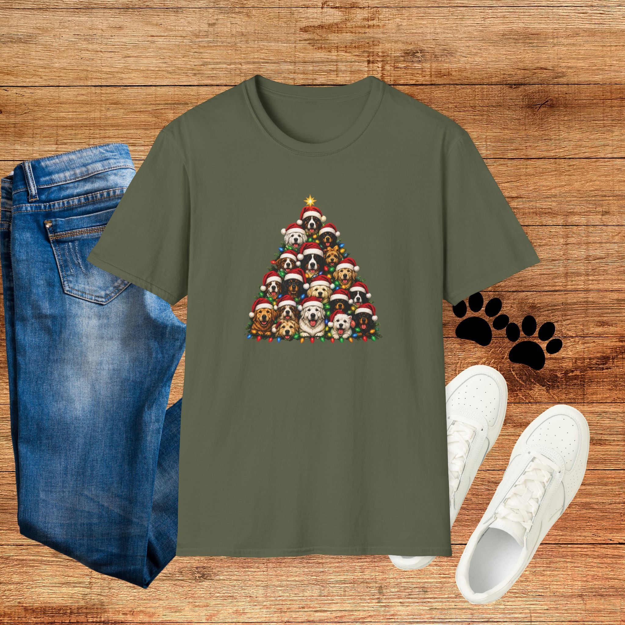 Christmas Dog Tree T-Shirt — Cute Holiday Puppies Pyramid Graphic Tee