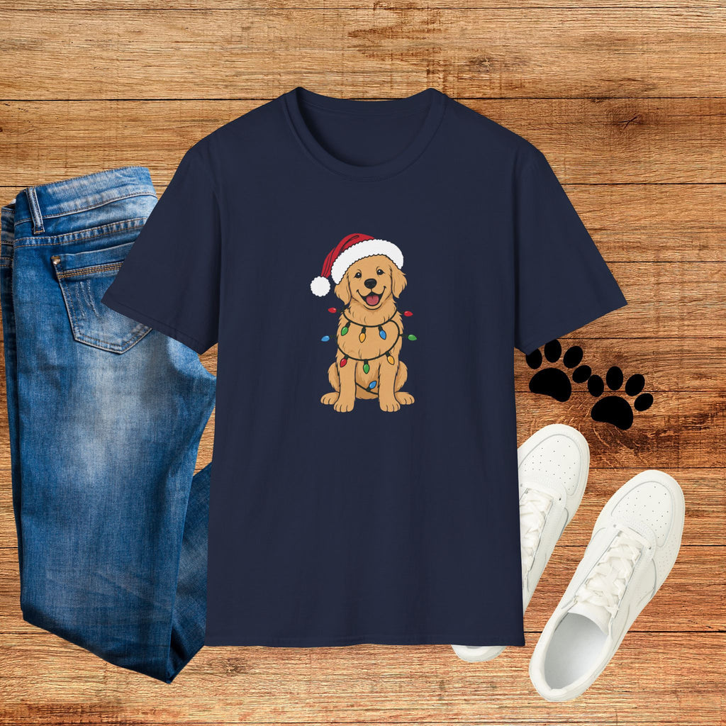 Christmas Golden Retriever T‑Shirt — Cute Dog in Santa Hat with Holiday Lights