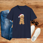 Christmas Golden Retriever T‑Shirt — Cute Dog in Santa Hat with Holiday Lights