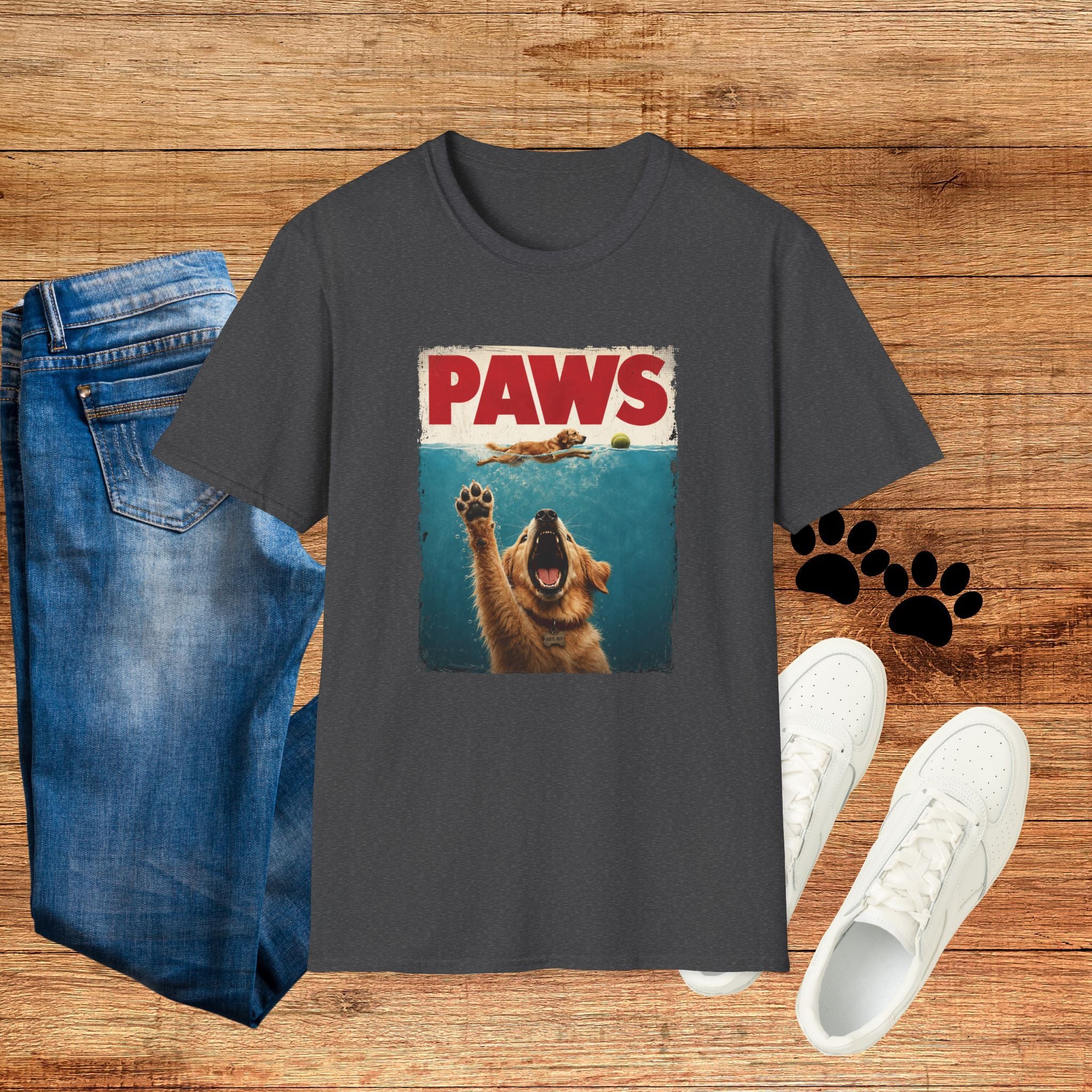 PAWS Dog Parody T-Shirt — Retro Beach Pup Graphic Tee for Dog Lovers
