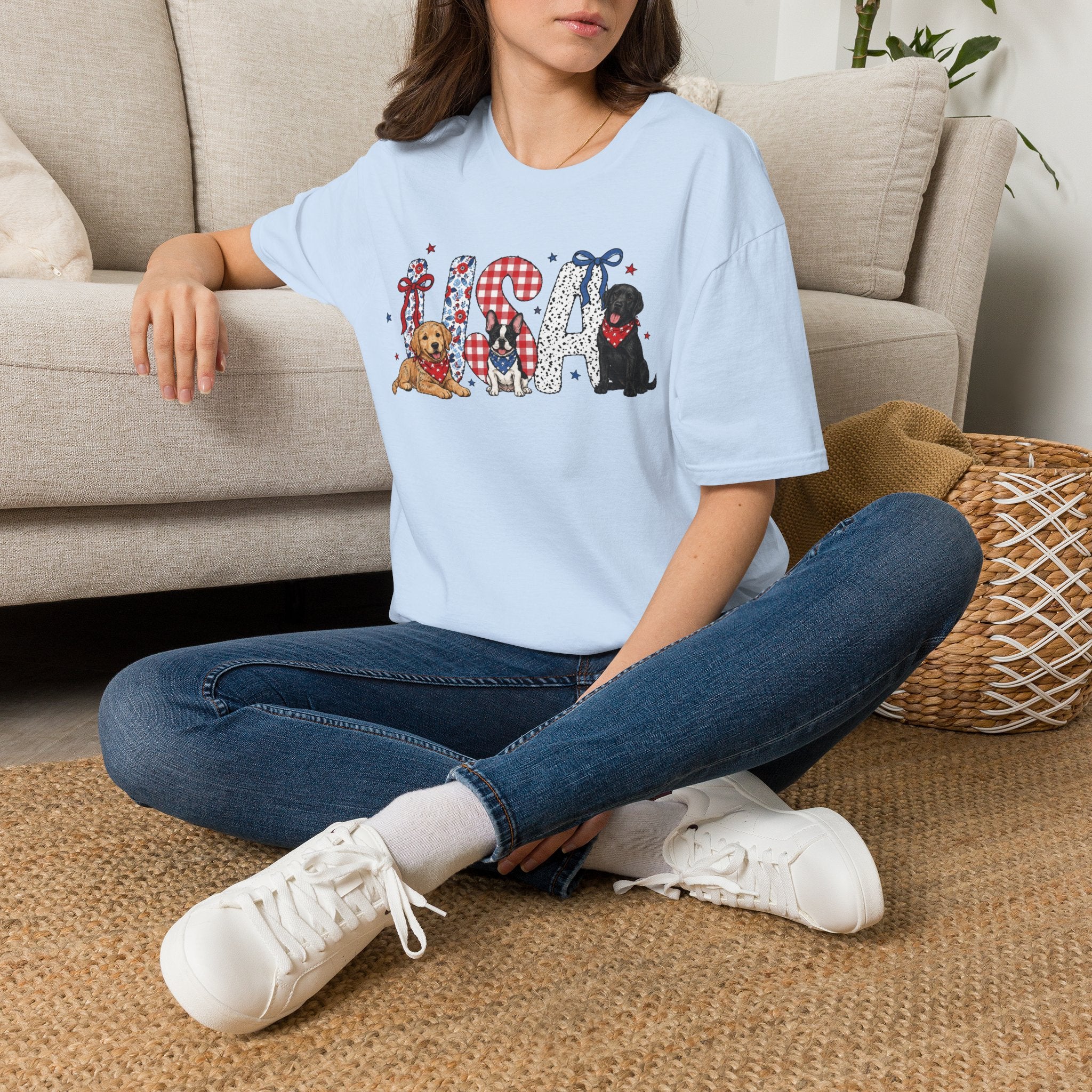 USA Patriotic Dog T-Shirt — Red White Blue Lettering with Labrador & Puppy Design