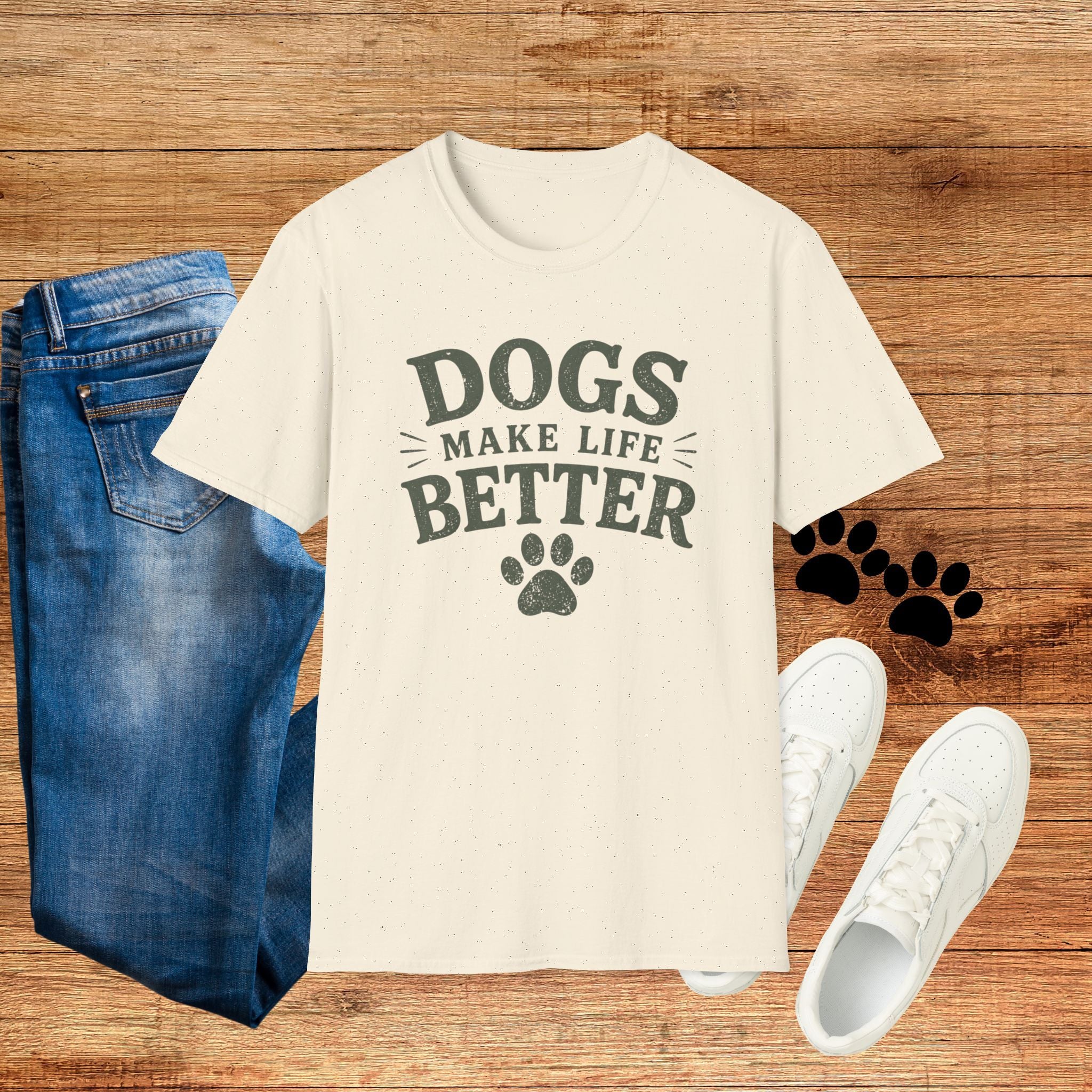 Dogs Make Life Better T-Shirt — Paw Print Dog Lover Tee