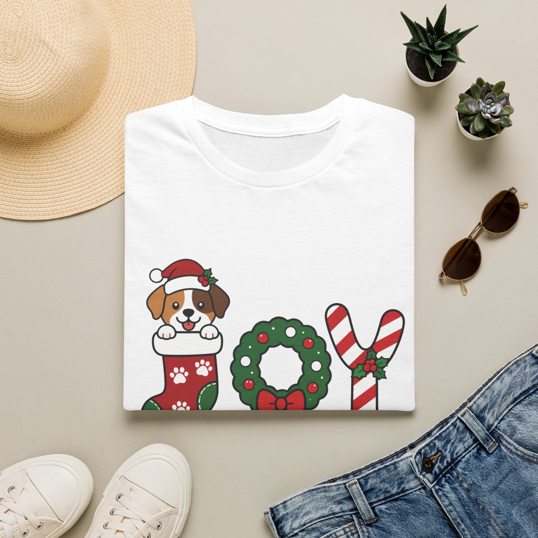 Christmas Joy Dog T-Shirt — Cute Puppy in Stocking & Candy Cane Holiday Tee