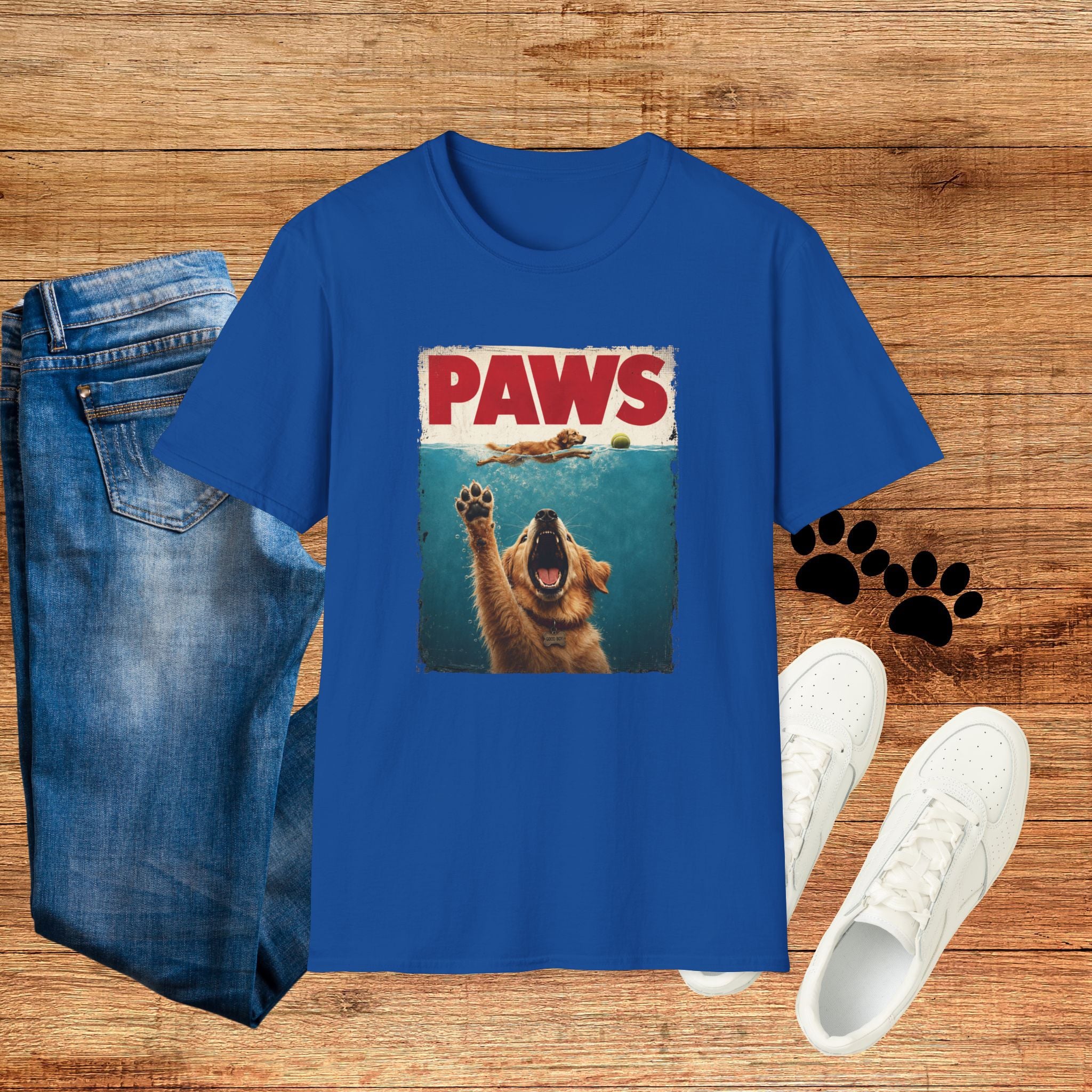 PAWS Dog Parody T-Shirt — Retro Beach Pup Graphic Tee for Dog Lovers