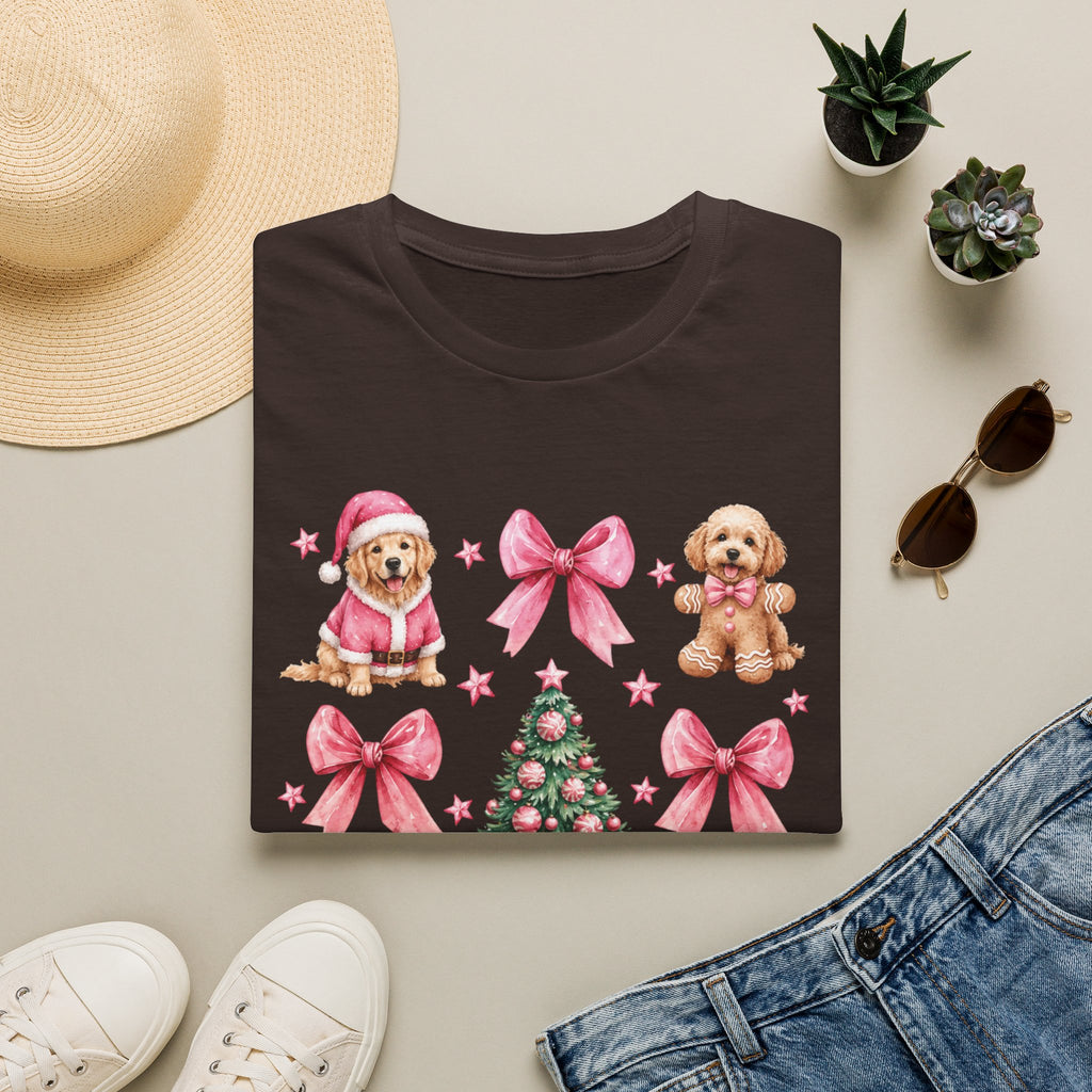 Christmas Puppies Graphic T-Shirt — Pink Bows & Tree Holiday Tee