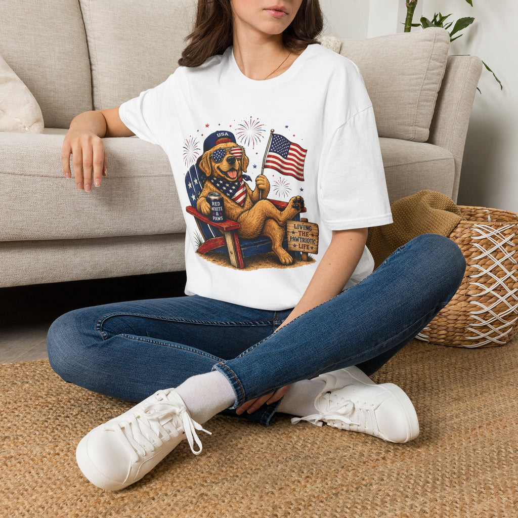 Patriotic Golden Retriever T-Shirt — USA Flag, Sunglasses & Fireworks
