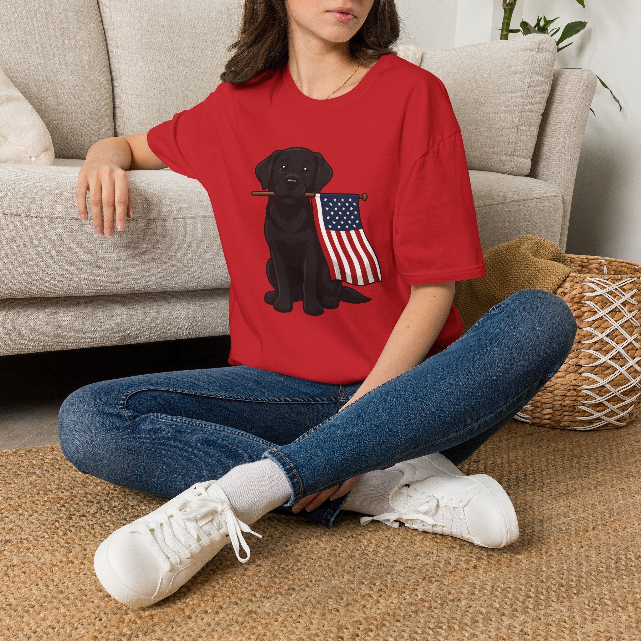 Black Labrador Holding American Flag T-Shirt – Patriotic Dog Tee for 4th of July