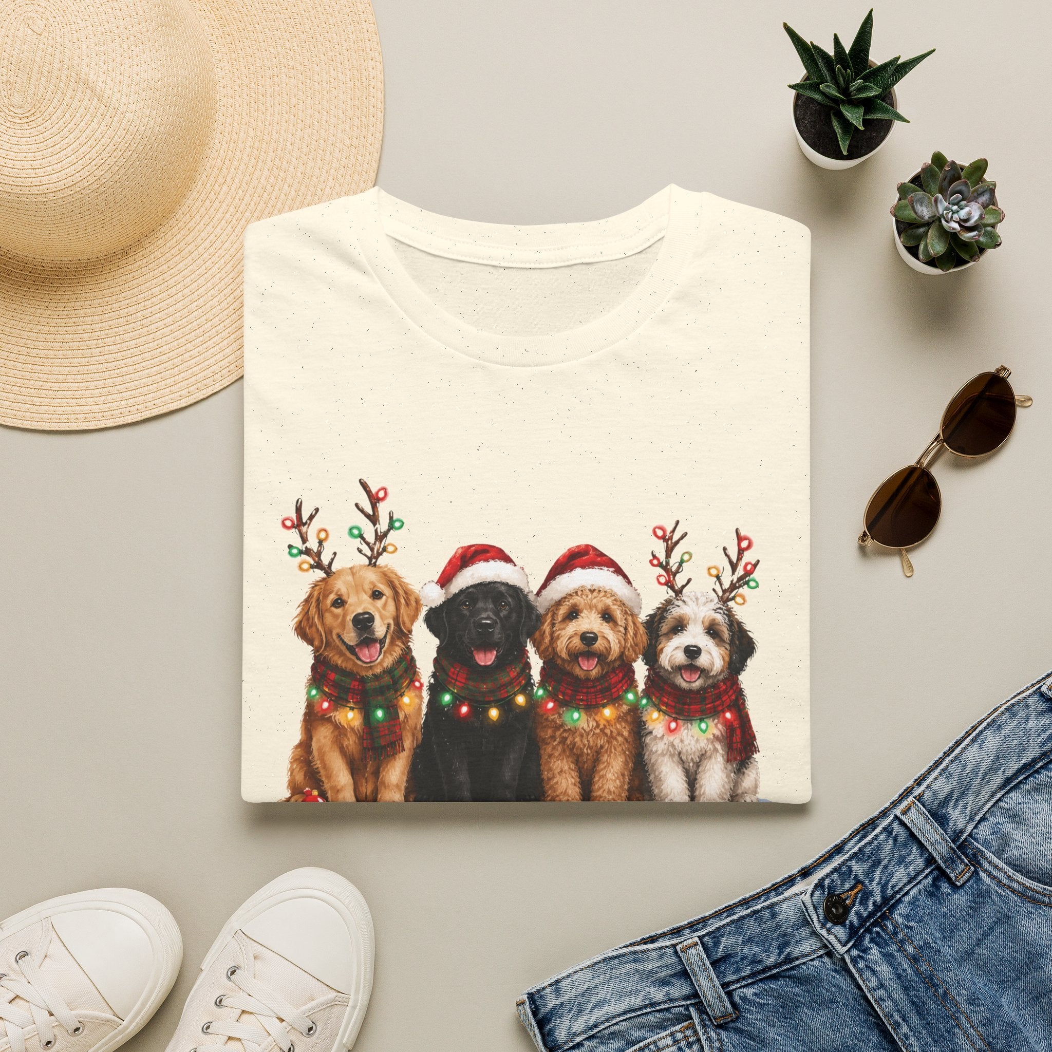 Christmas Dogs T-Shirt — Festive Puppies with Santa Hats & Reindeer Antlers