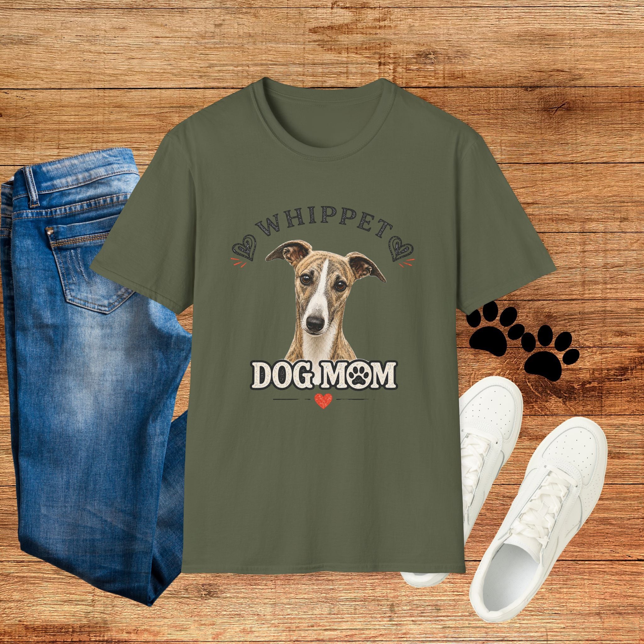 Whippet Dog Mom T-Shirt — Cute Whippet Portrait & Heart Graphic