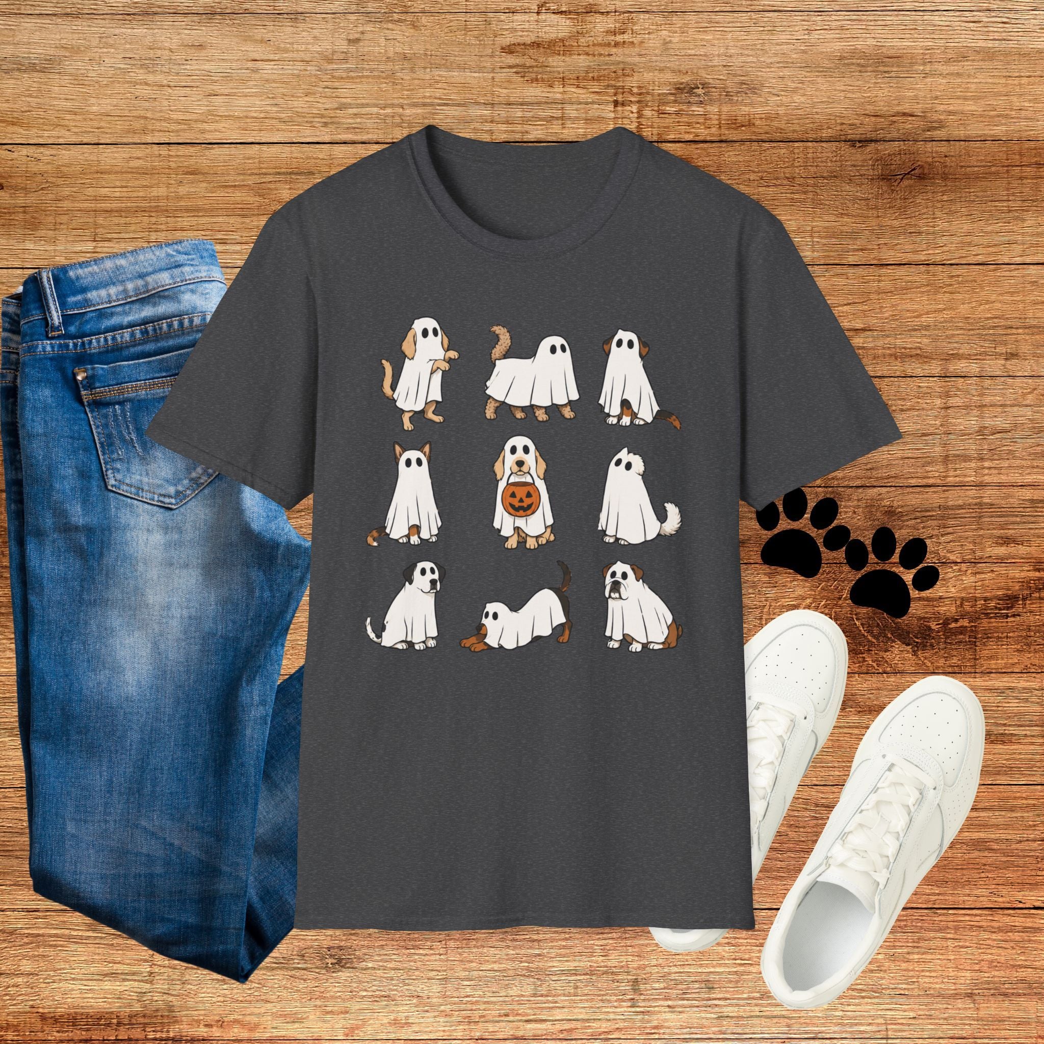 Ghost Dogs Halloween T-Shirt — Cute Puppy Ghosts with Pumpkin Design