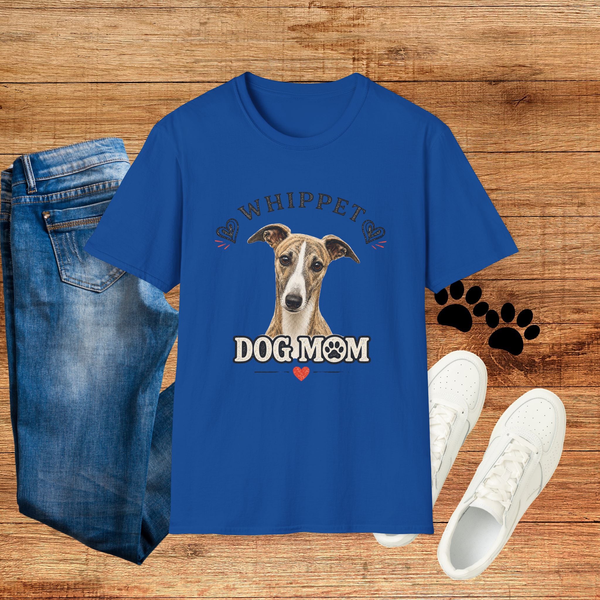 Whippet Dog Mom T-Shirt — Cute Whippet Portrait & Heart Graphic