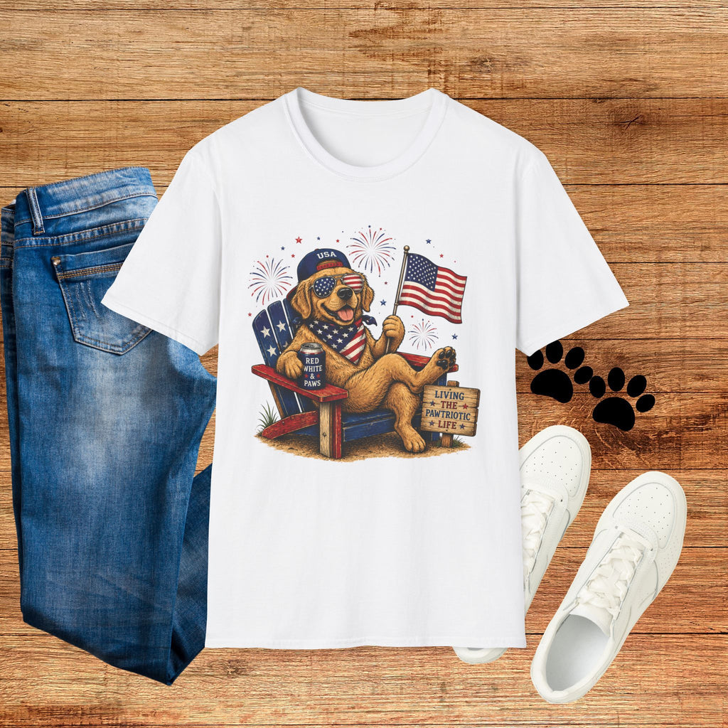 Patriotic Golden Retriever T-Shirt — USA Flag, Sunglasses & Fireworks