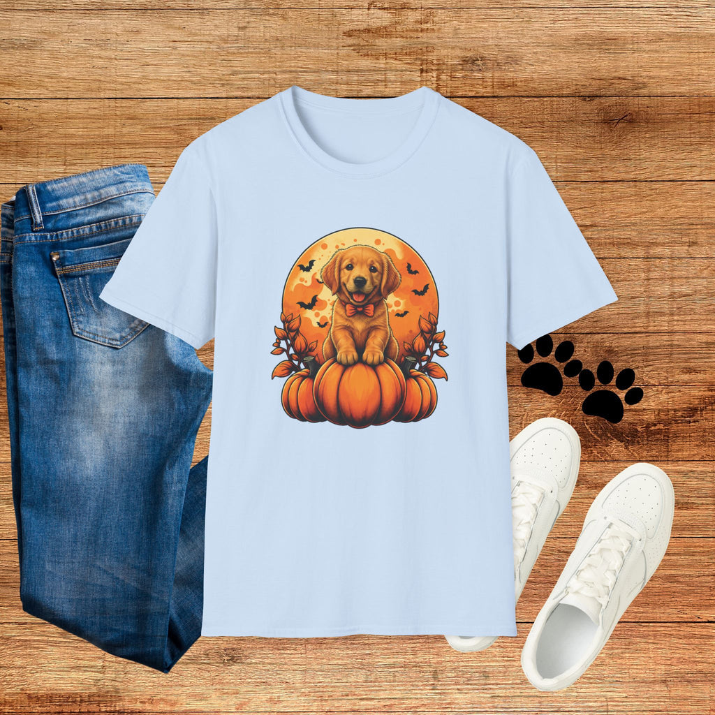 Halloween Pumpkin Puppy T-Shirt — Cute Golden Retriever with Bats & Bowtie