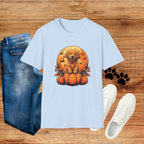 Halloween Pumpkin Puppy T-Shirt — Cute Golden Retriever with Bats & Bowtie