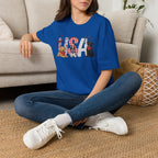USA Patriotic Dog T-Shirt — Red White Blue Lettering with Labrador & Puppy Design