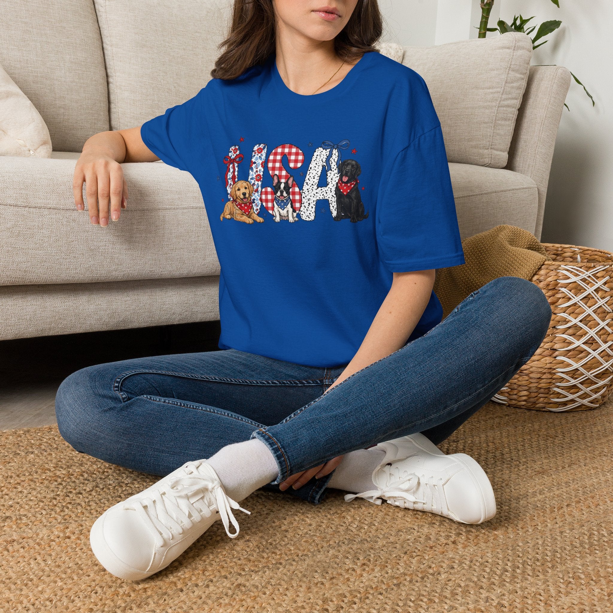 USA Patriotic Dog T-Shirt — Red White Blue Lettering with Labrador & Puppy Design