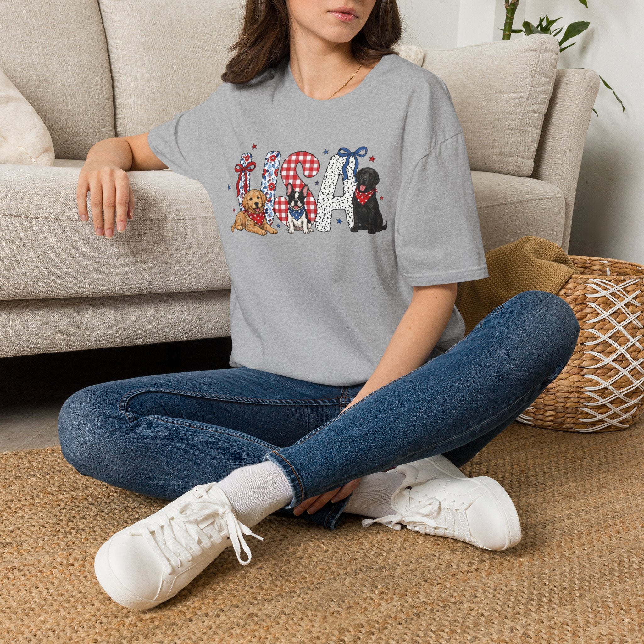 USA Patriotic Dog T-Shirt — Red White Blue Lettering with Labrador & Puppy Design