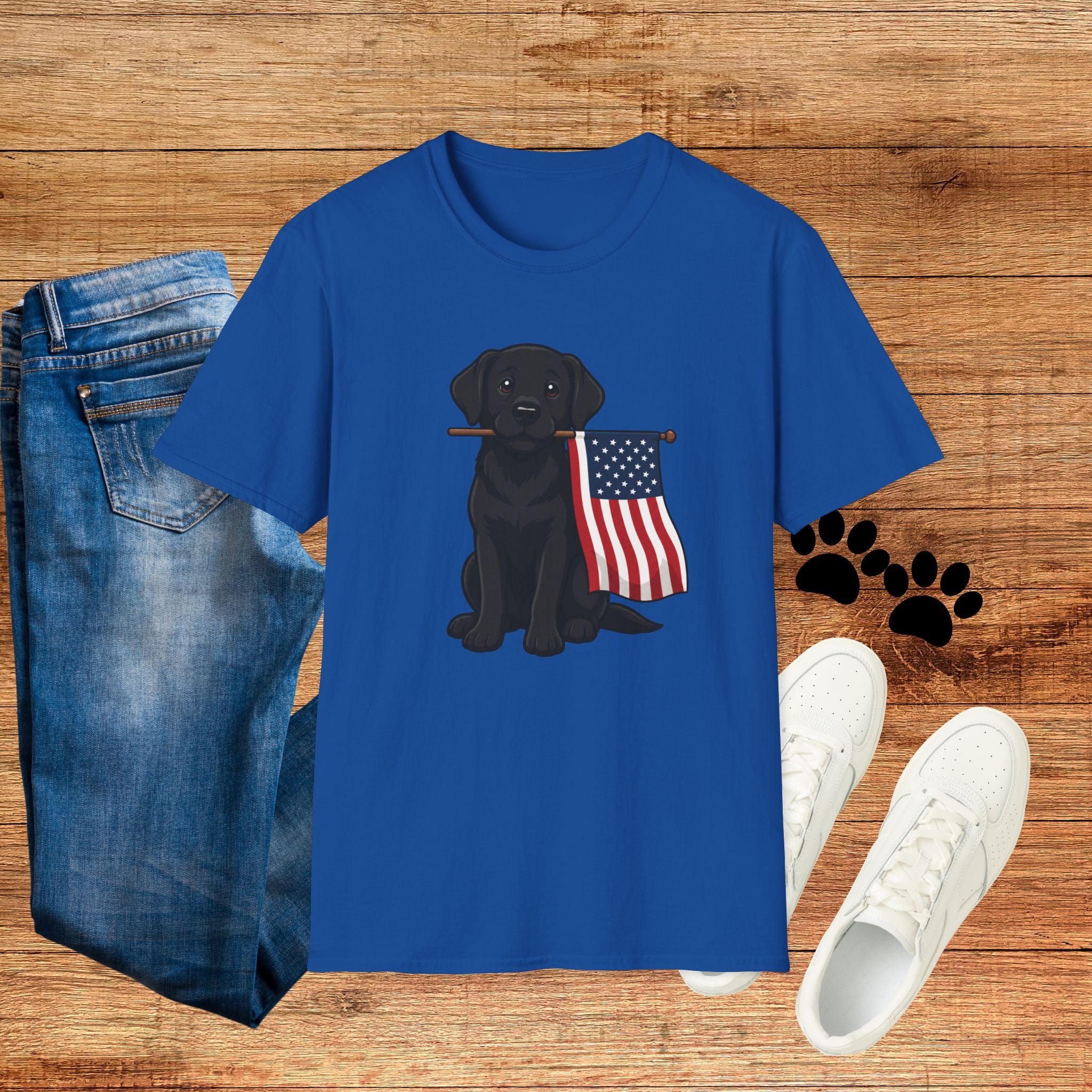 Black Labrador Holding American Flag T-Shirt – Patriotic Dog Tee for 4th of July