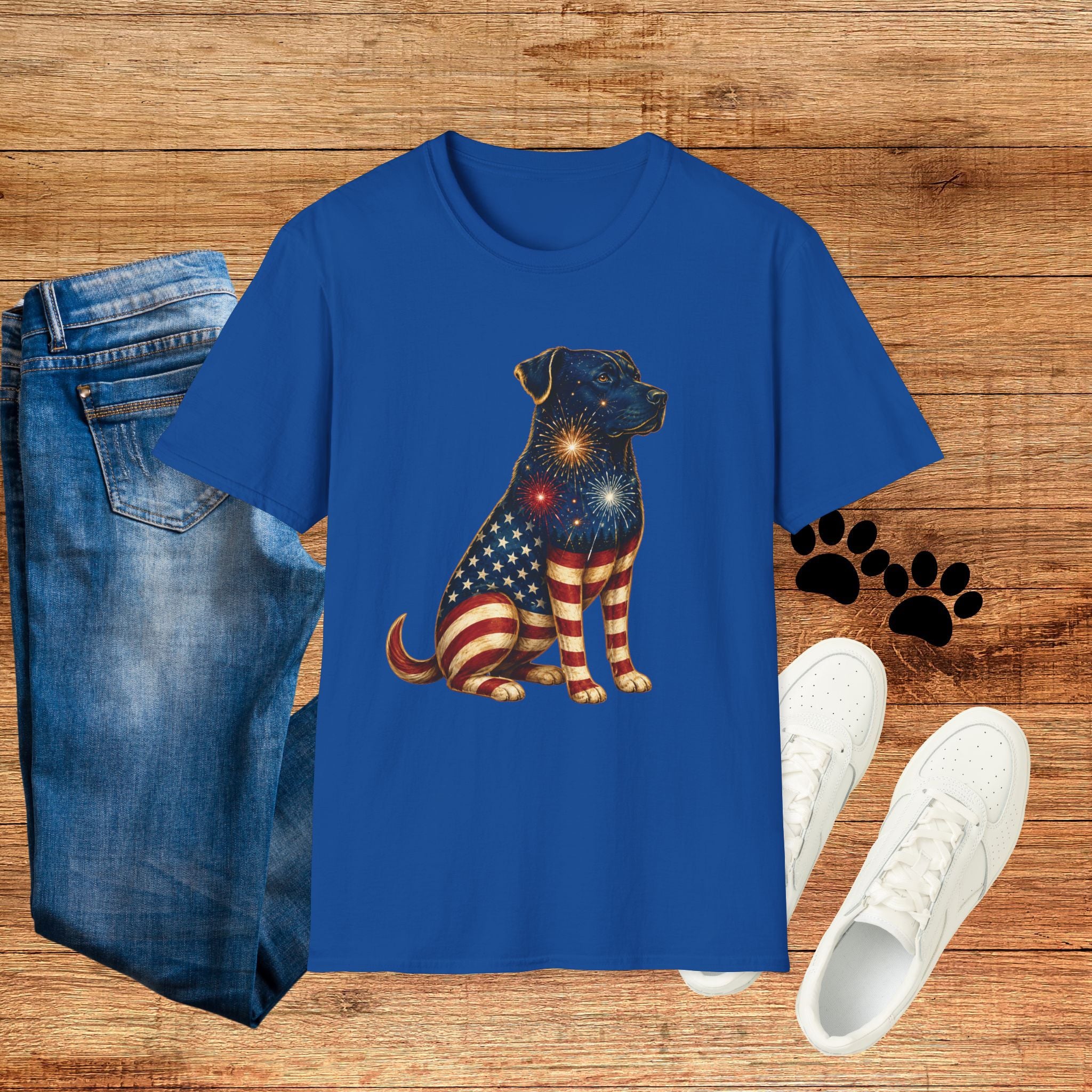 Patriotic Fireworks Dog T-Shirt — American Flag Labrador Graphic Tee
