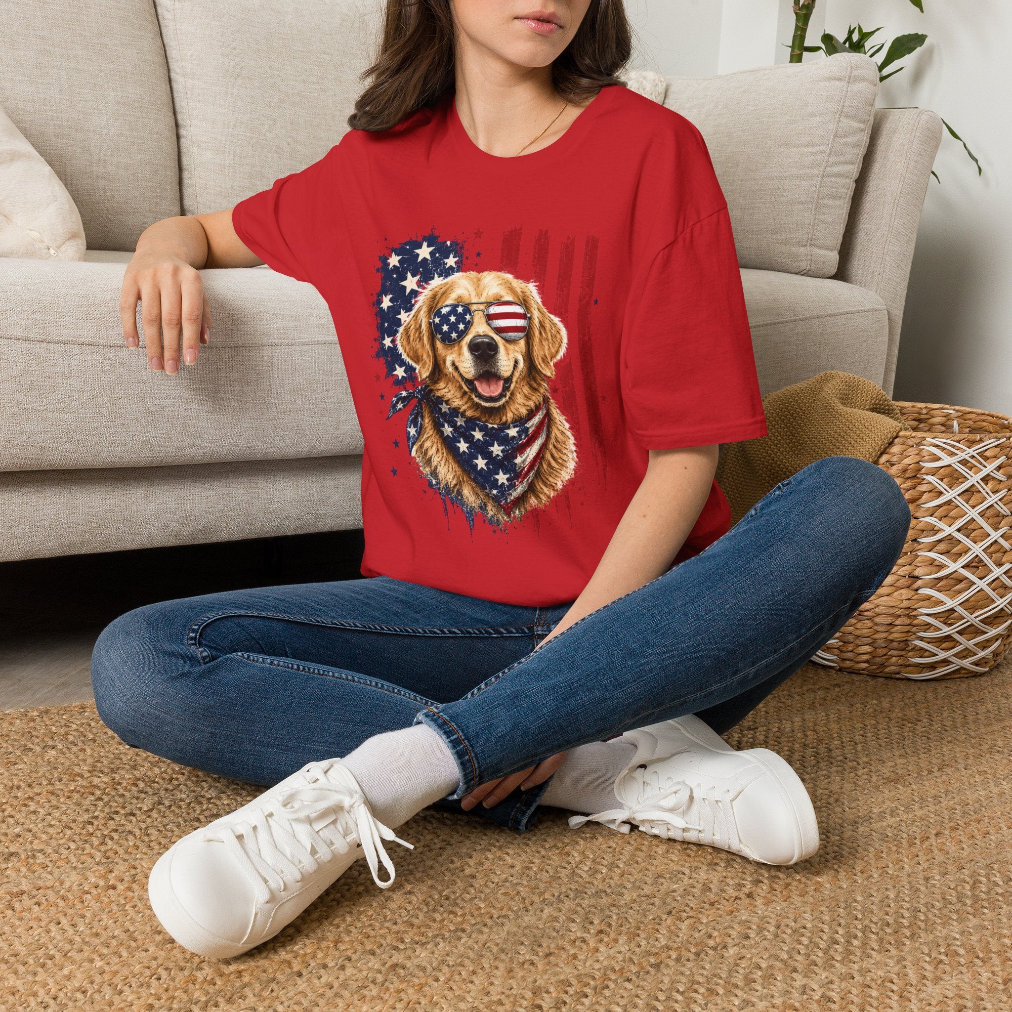 Patriotic Golden Retriever T-Shirt — American Flag Sunglasses & Bandana