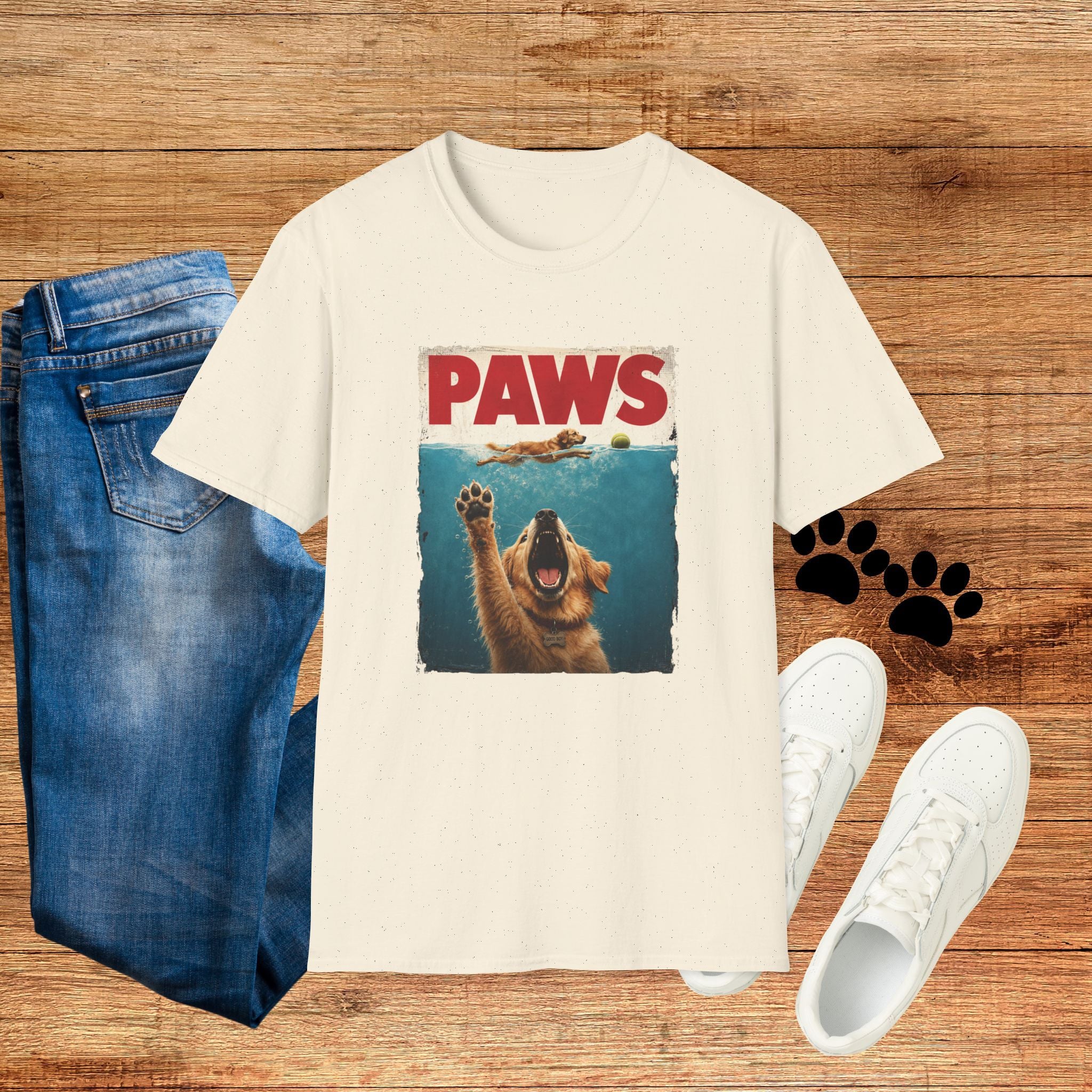 PAWS Dog Parody T-Shirt — Retro Beach Pup Graphic Tee for Dog Lovers