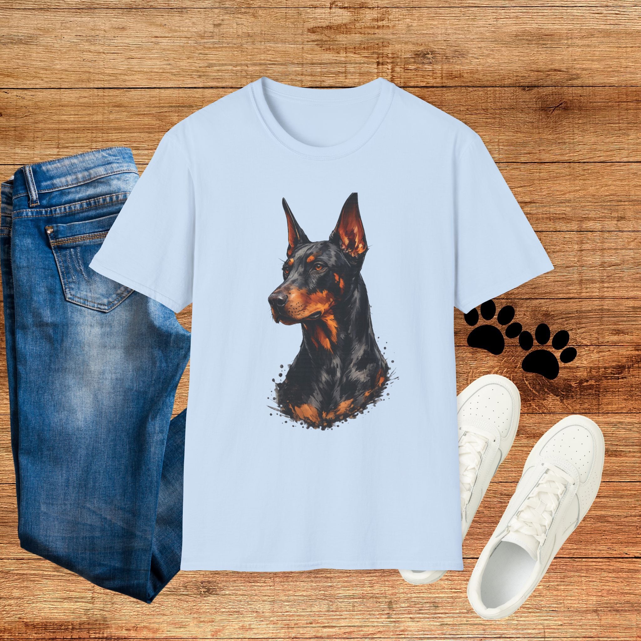 Doberman Portrait T‑Shirt — Realistic Dog Art Tee for Pet Lovers