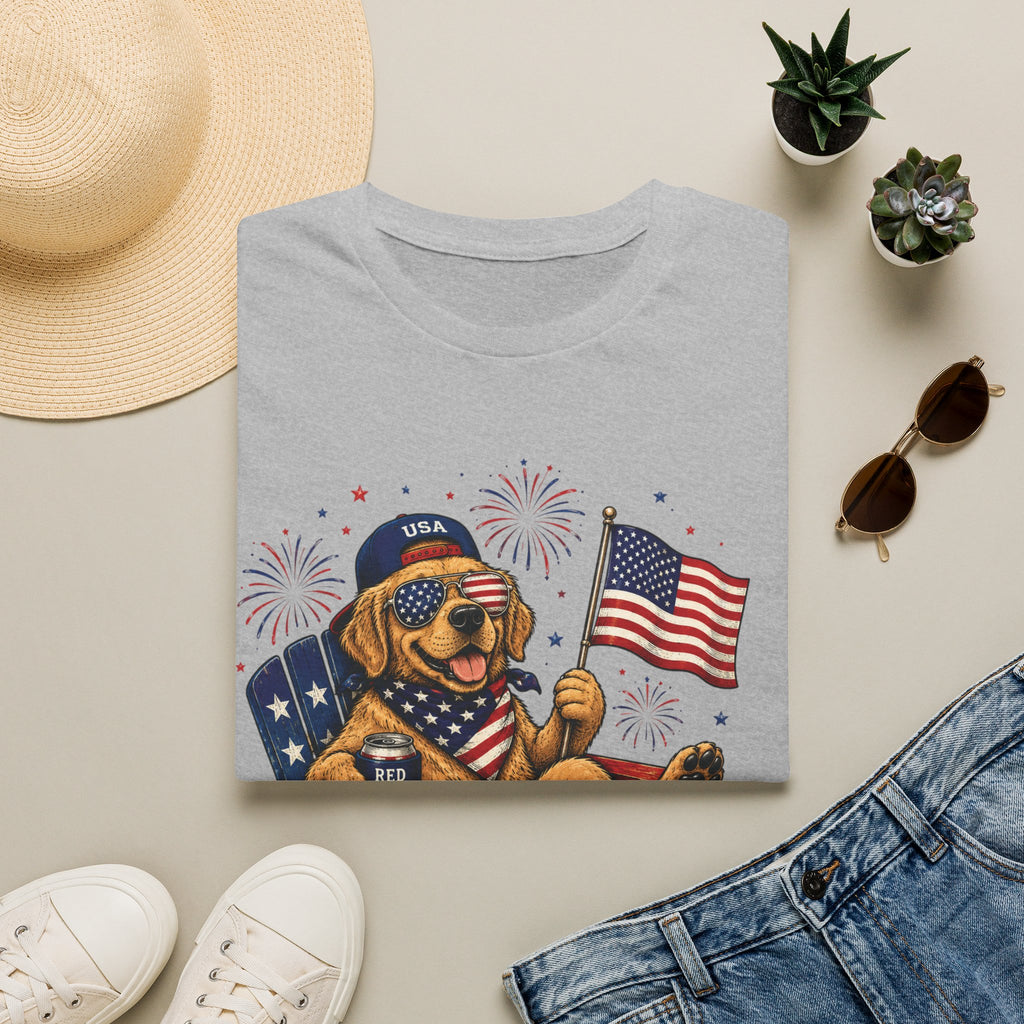Patriotic Golden Retriever T-Shirt — USA Flag, Sunglasses & Fireworks