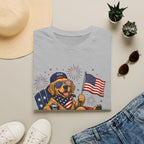 Patriotic Golden Retriever T-Shirt — USA Flag, Sunglasses & Fireworks