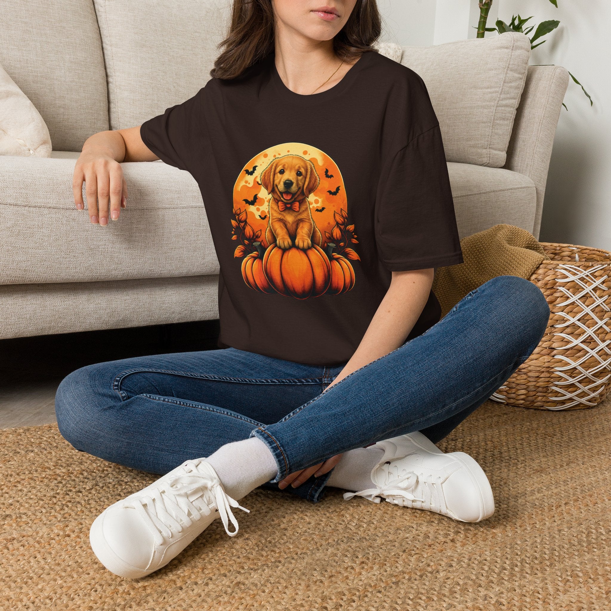 Halloween Pumpkin Puppy T-Shirt — Cute Golden Retriever with Bats & Bowtie