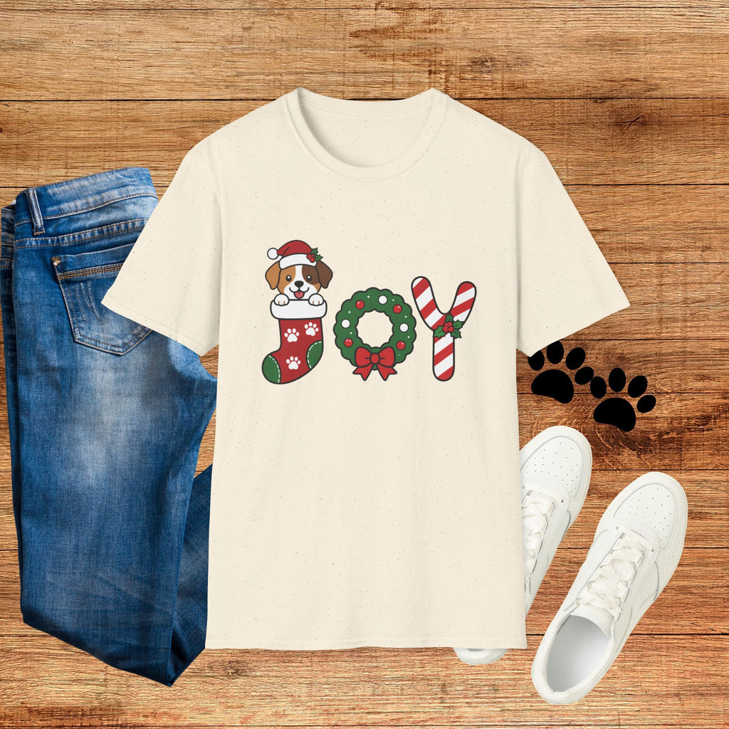 Christmas Joy Dog T-Shirt — Cute Puppy in Stocking & Candy Cane Holiday Tee