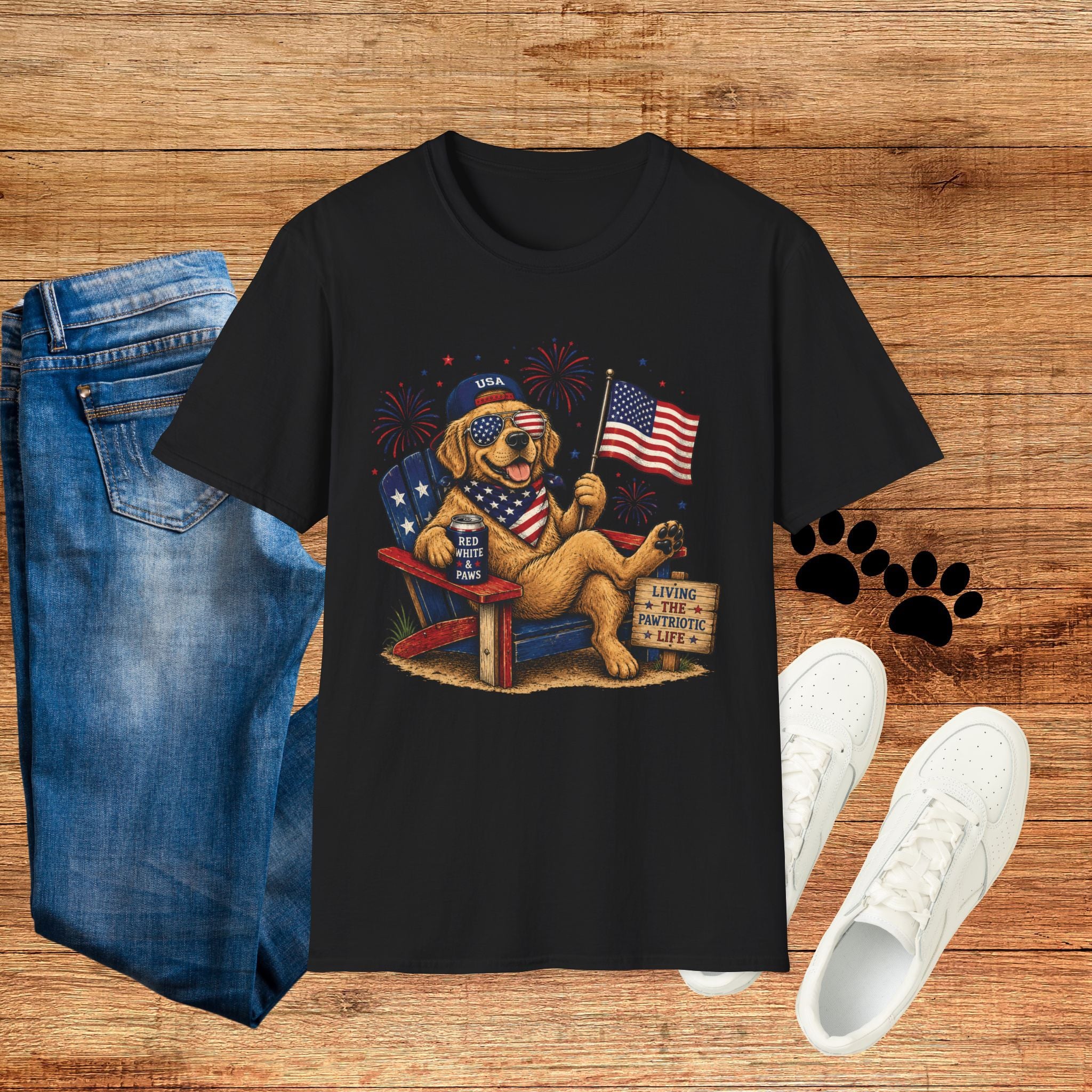 Patriotic Golden Retriever T-Shirt — USA Flag, Sunglasses & Fireworks
