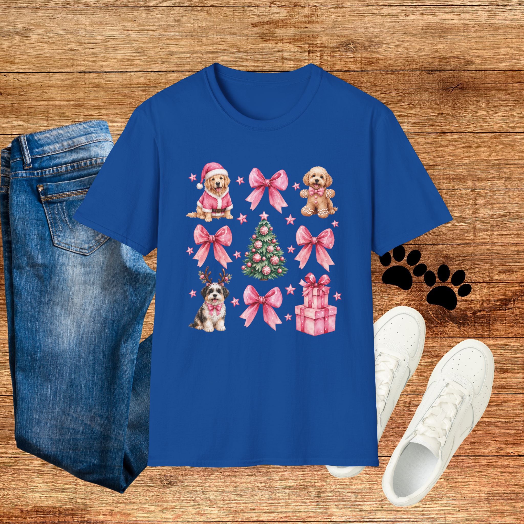 Christmas Puppies Graphic T-Shirt — Pink Bows & Tree Holiday Tee