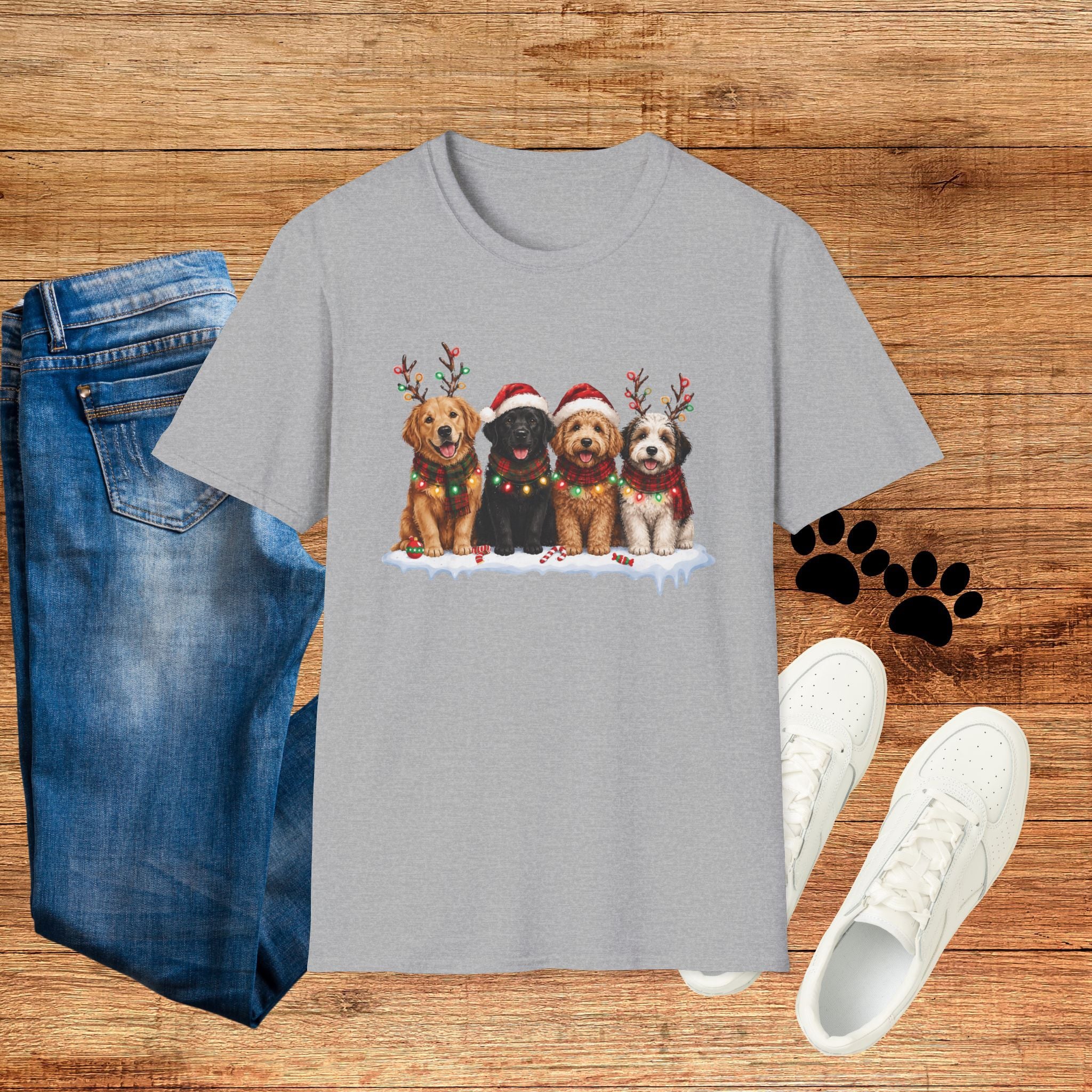 Christmas Dogs T-Shirt — Festive Puppies with Santa Hats & Reindeer Antlers