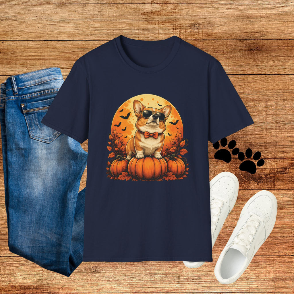 Halloween Corgi Tee — Cool Sunglasses Dog on Pumpkin Graphic T-Shirt